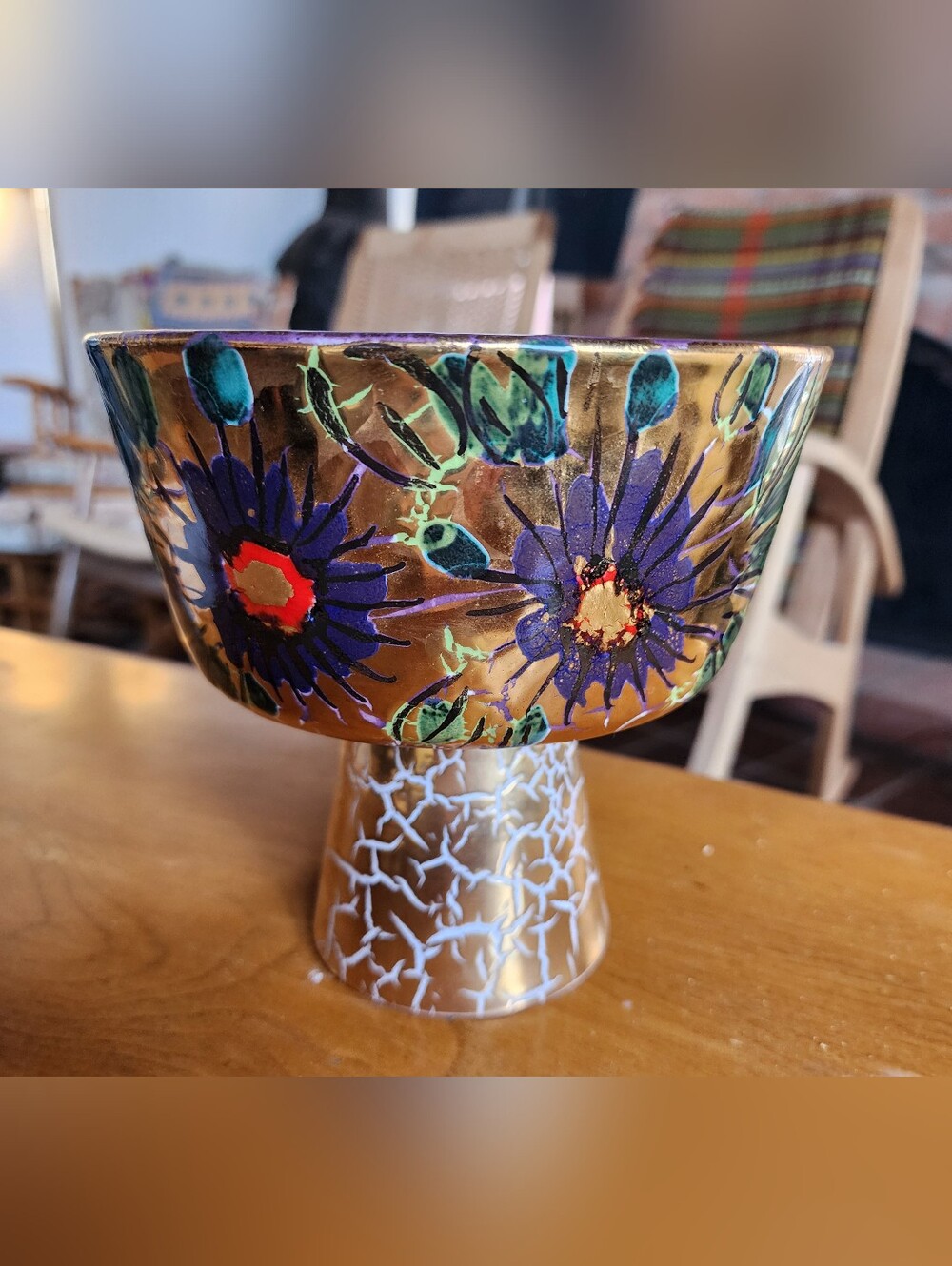 Aldo Londi Seta Raymor Era MCM Floral Ceramic Pedestal Bowl - Purple & Gold